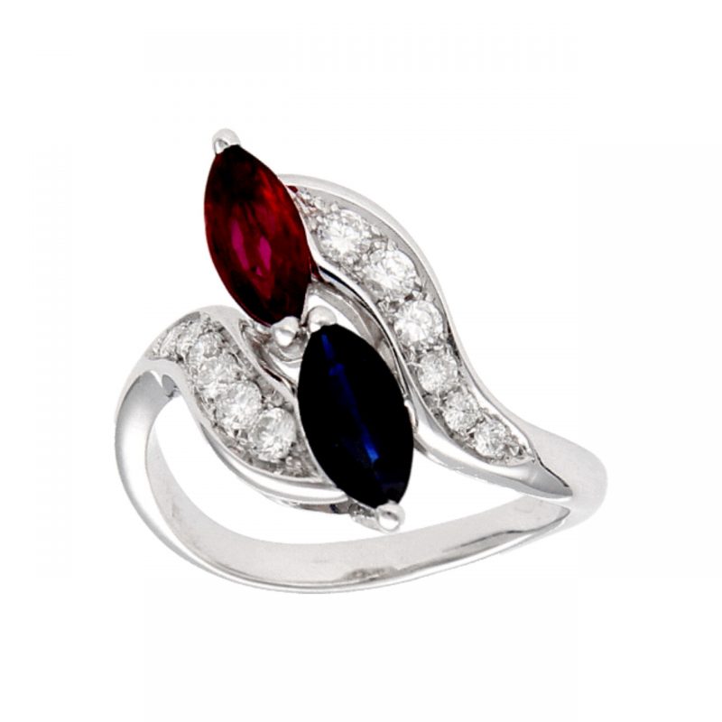 White gold ring with sapphires, diamonds and rubies