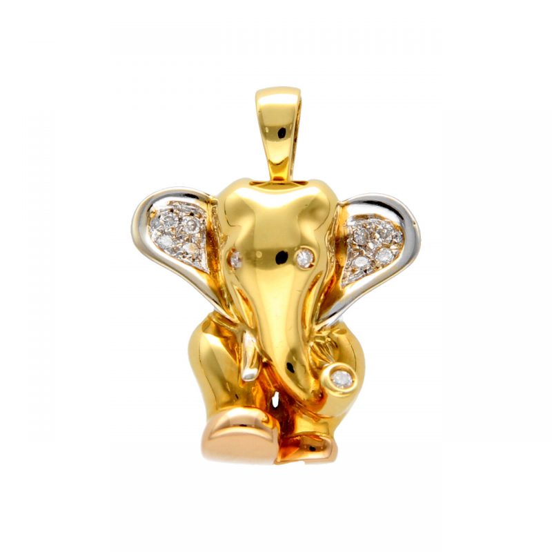 Elephant pendant three colour gold with diamond