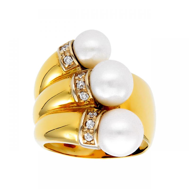 Anello oro giallo con perle e diamanti