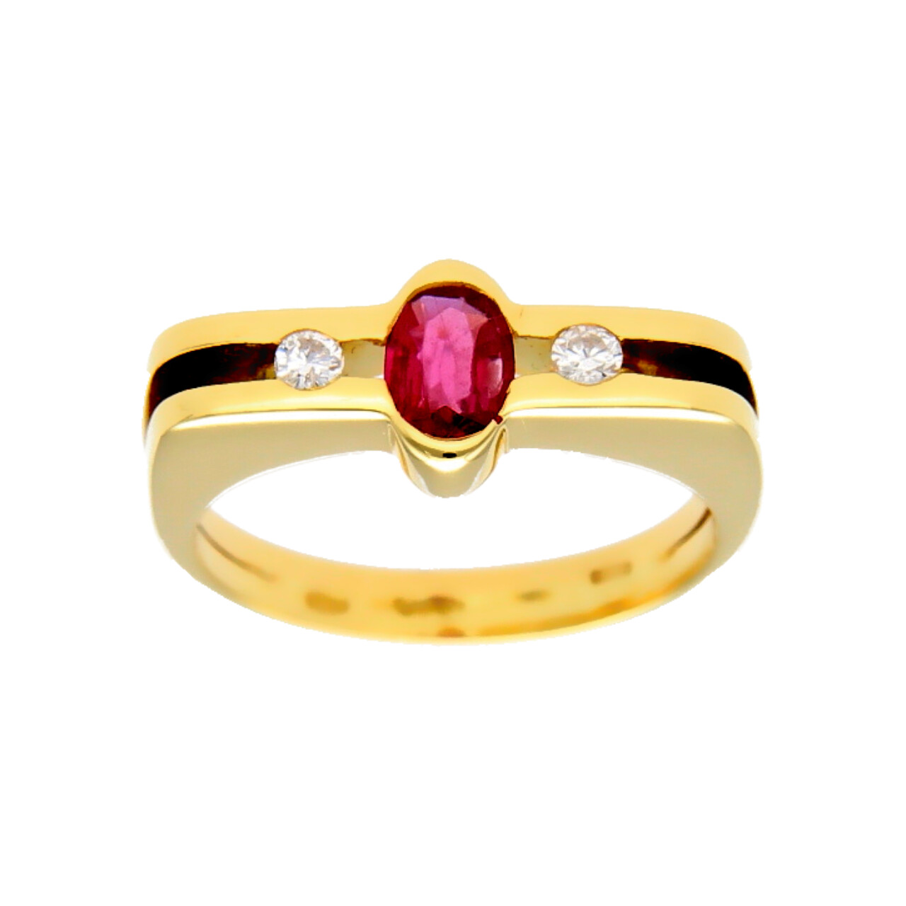 Anello oro giallo moderno con rubino centrale e diamanti