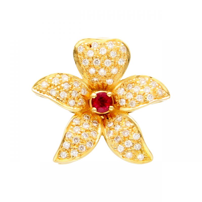 Flower pendant yellow gold with diamonds and ruby