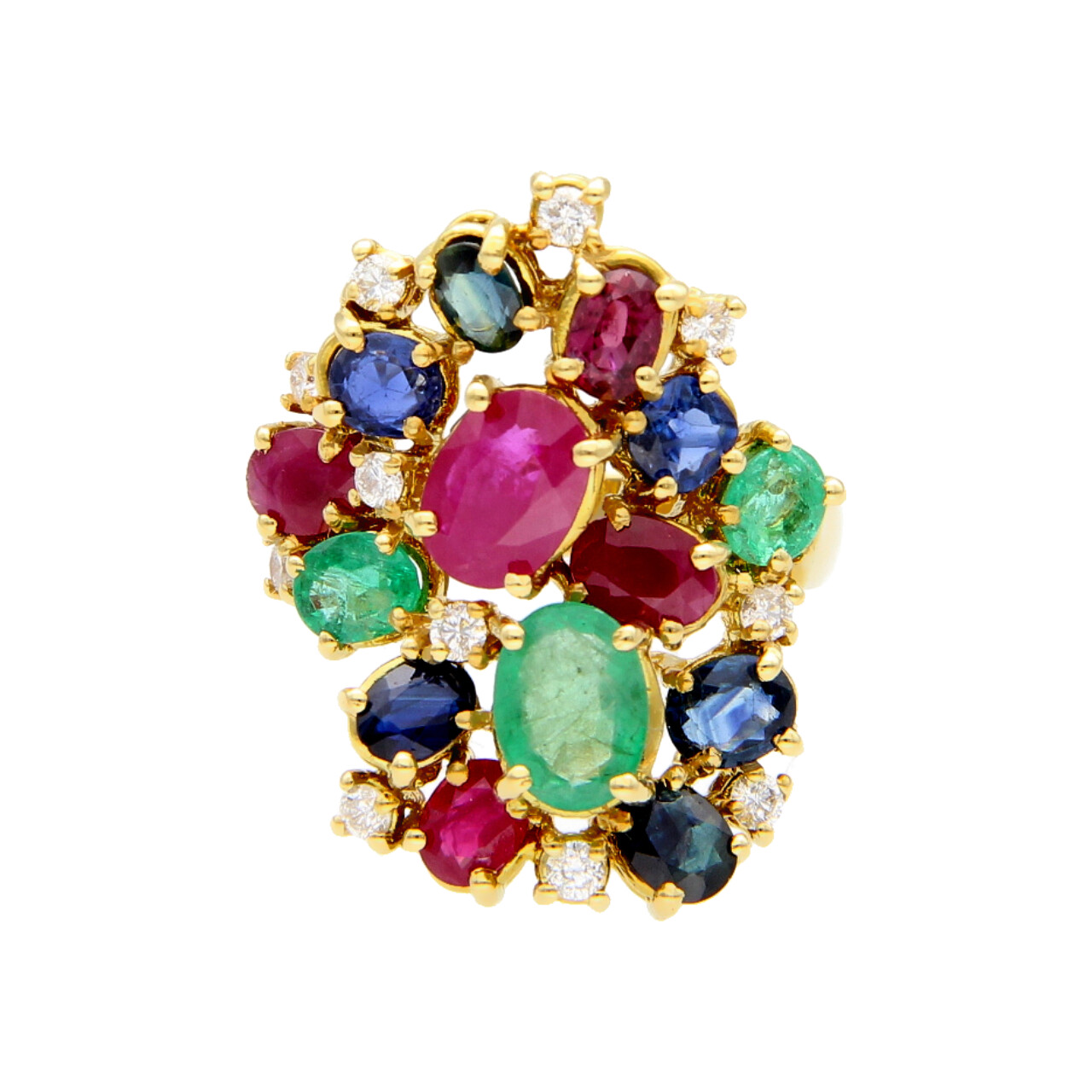 Gelbgold Ring mit Saphiren, Diamanten 0.77ct und Rubinen