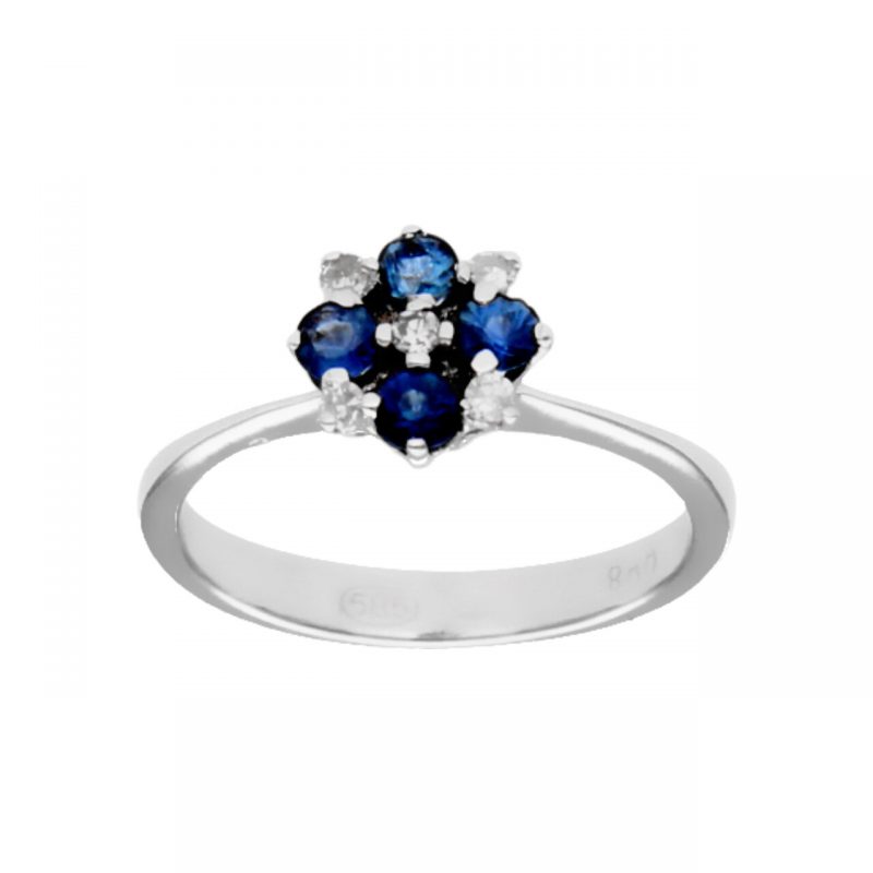 White gold ring with sapphires and diamonds flower