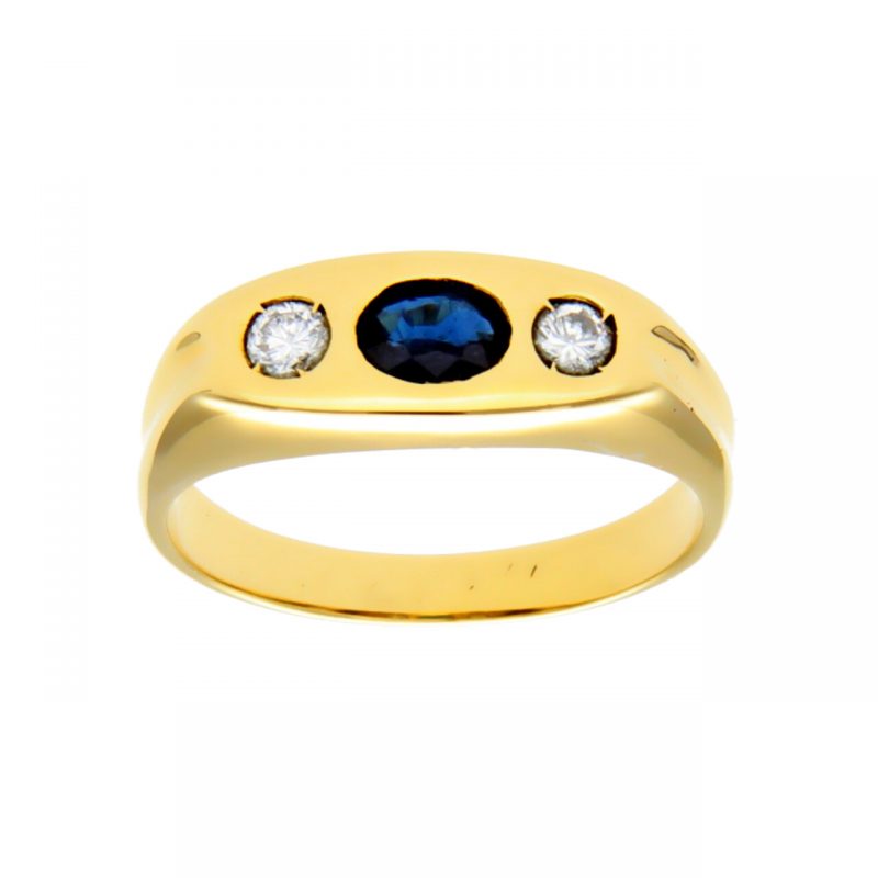 Men's Ring yellow gold with sapphire and diamonds
