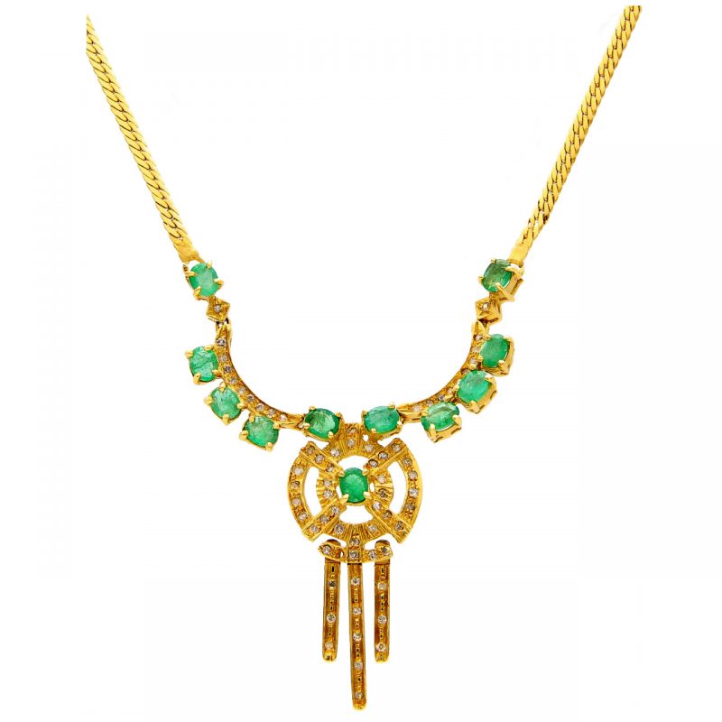 Yellow gold necklace with diamonds and emeralds