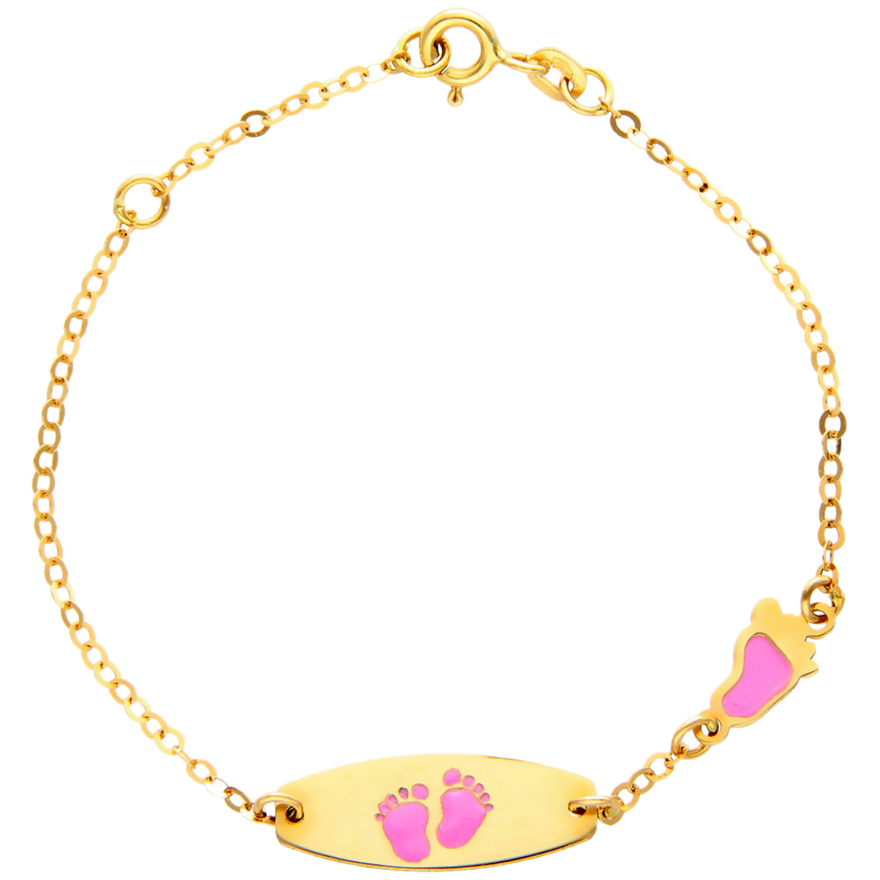 Baby Armband aus Gelbgold mit kleine Füße (rosa)