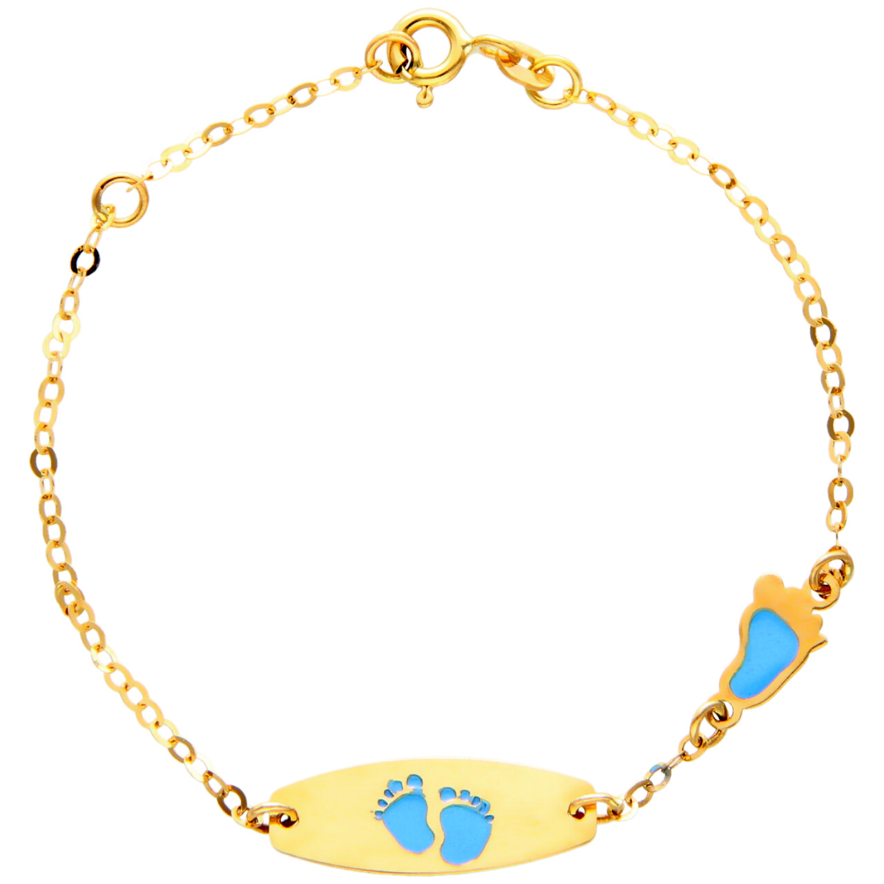 Baby Armband aus Gelbgold mit kleine Füße (blau)