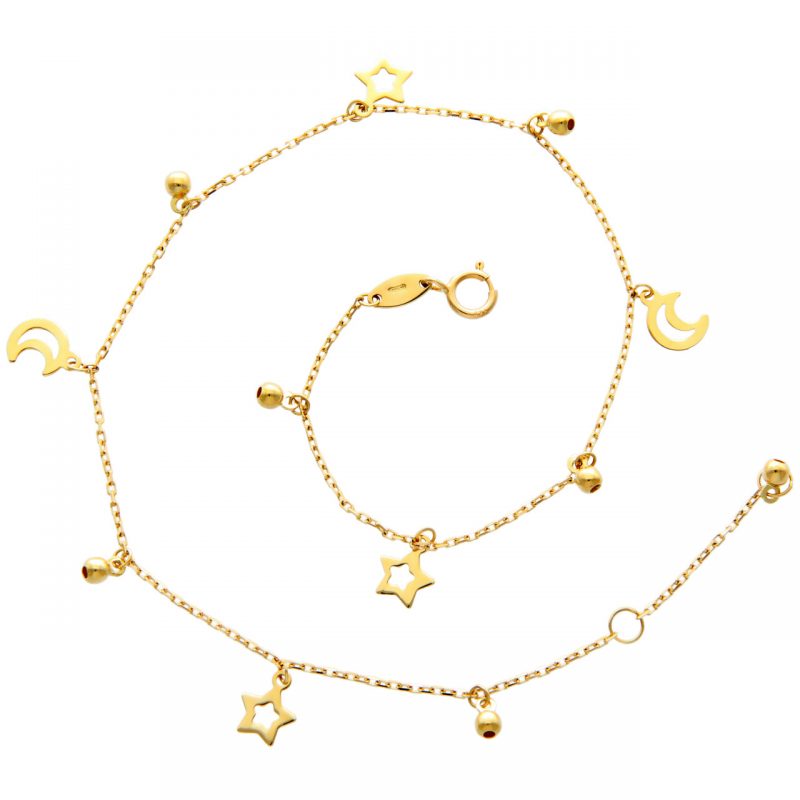 Ankle bracelet with Moons and Stars yellow gold