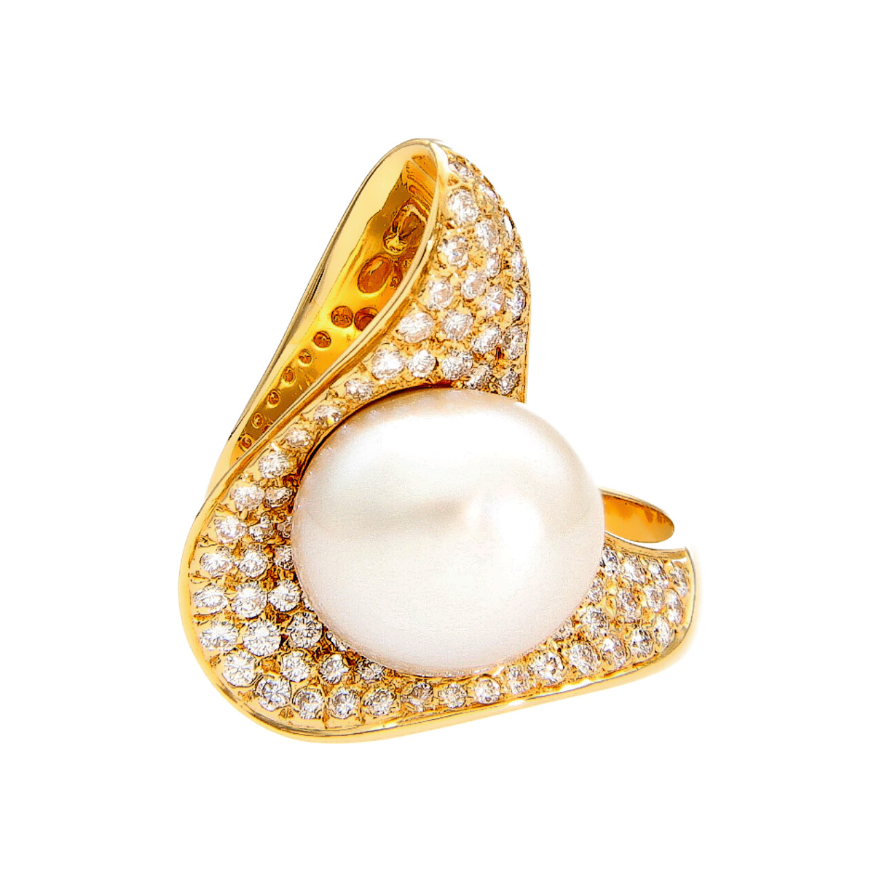 Anello oro giallo con pavè di diamanti 1,25 ct e perla