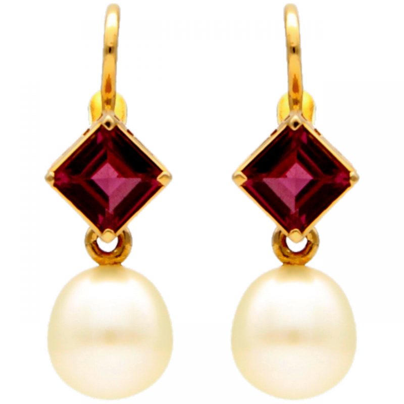 Yellow gold earrings with pink topaz and pearl