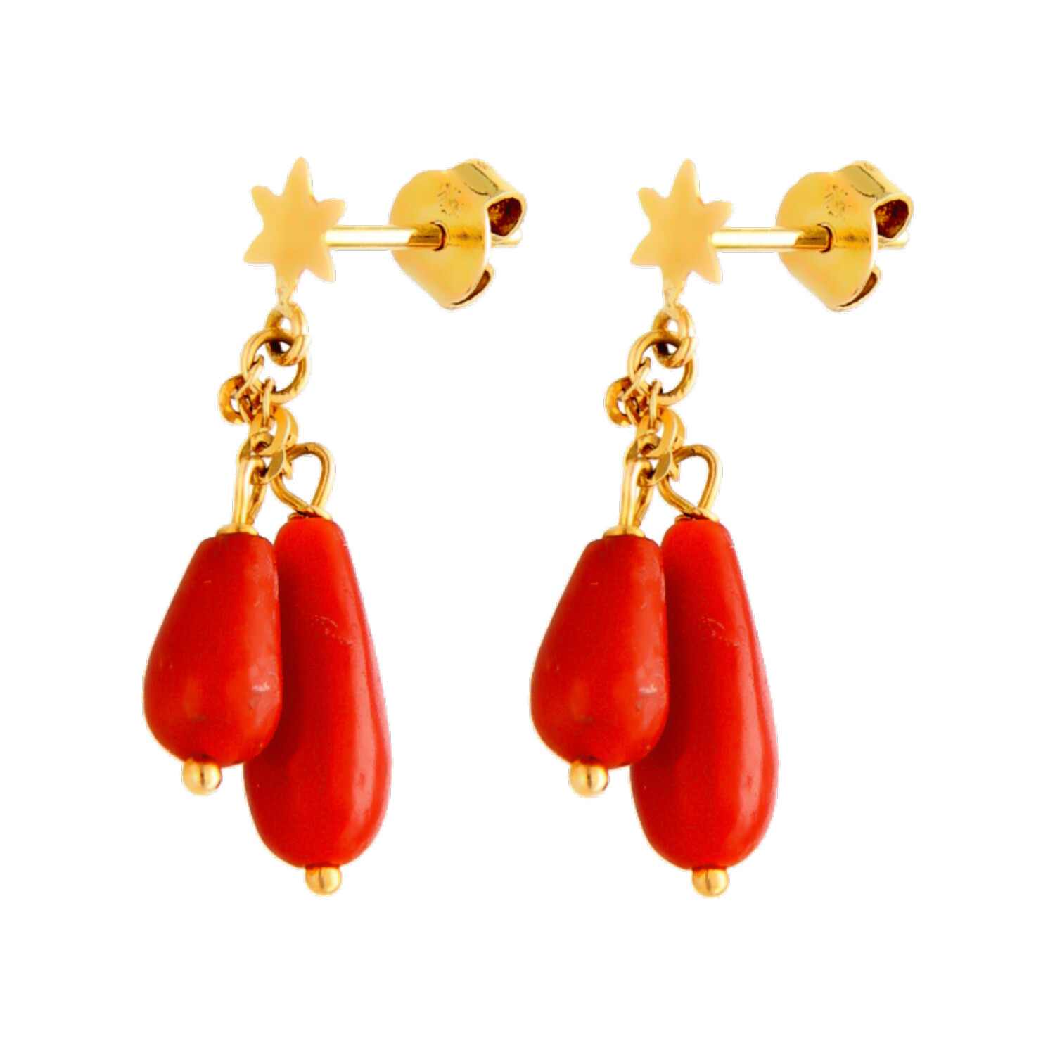 Orecchini in oro giallo stella e Coralli rossi