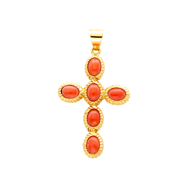 Kreuz Anhänger aus Gelbgold mit Koralle