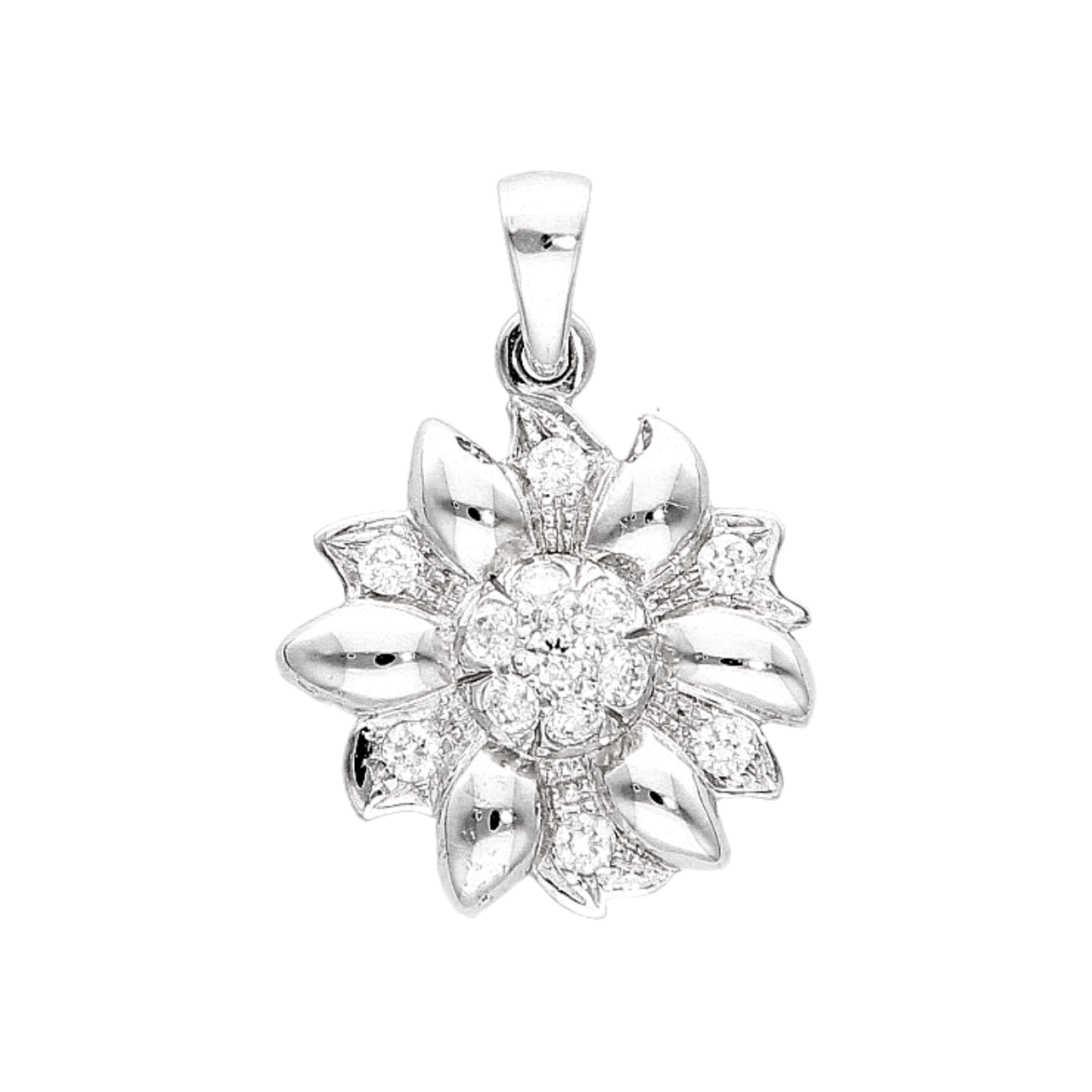 Ciondolo fiore in oro bianco con zirconi