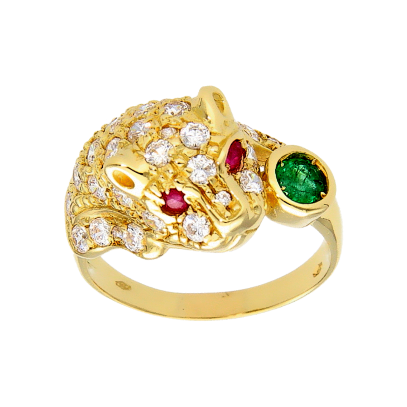 Yellow gold panther ring with emerald rubies and zircons