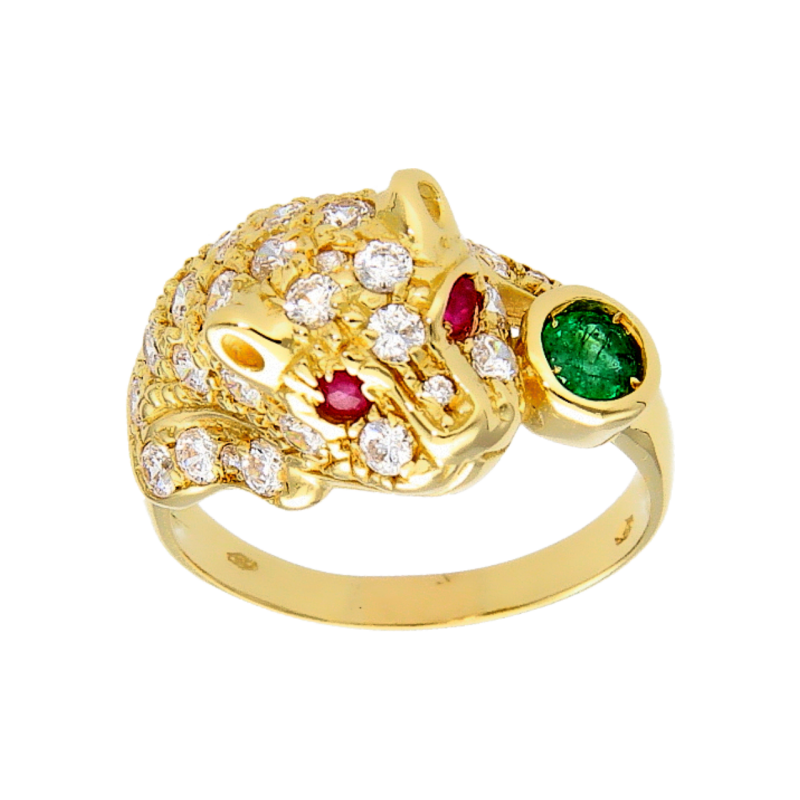Yellow gold panther ring with emerald rubies and zircons Yellow gold panther ring with emerald rubies and zircons