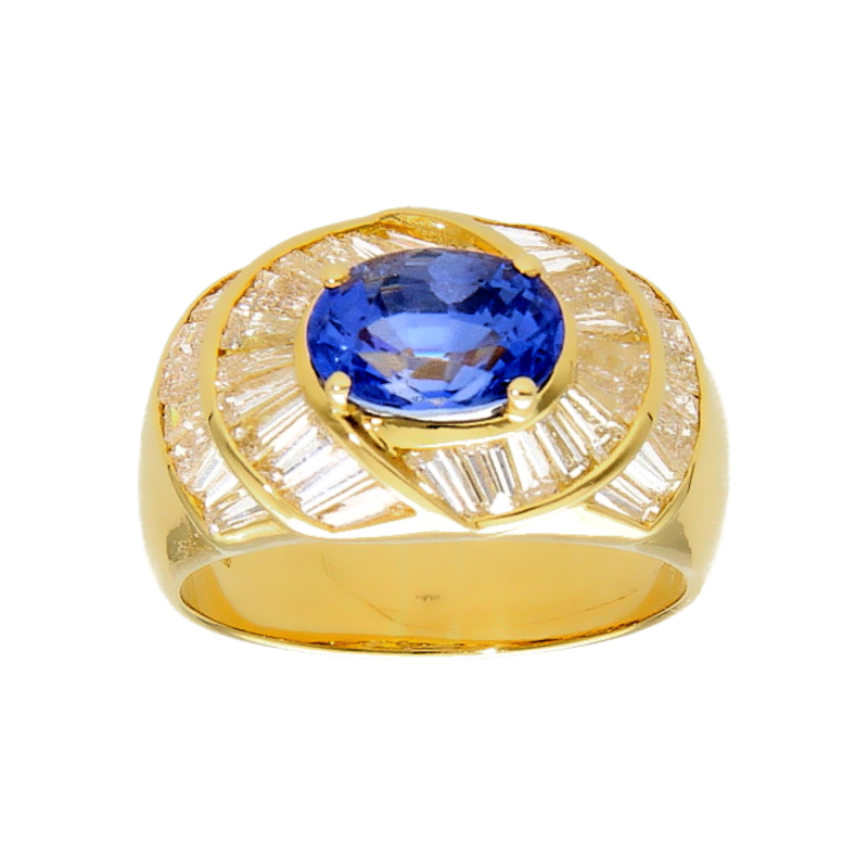 Yellow gold ring with sapphire ct 1.80 and diamonds ct 2.10
