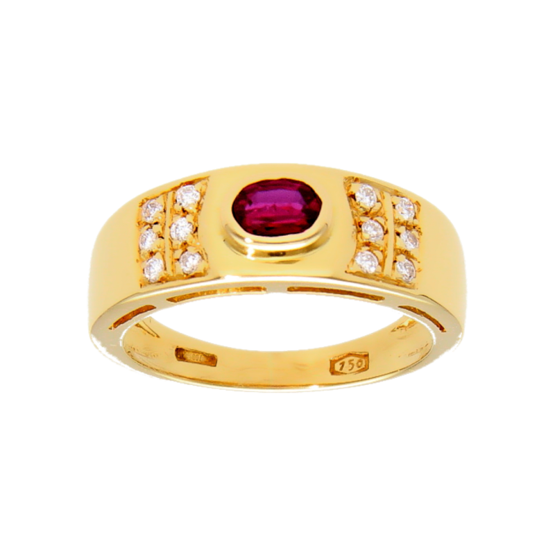 Yellow gold ring with ruby ​ 0,45 ct ​and diamonds 0,12ct