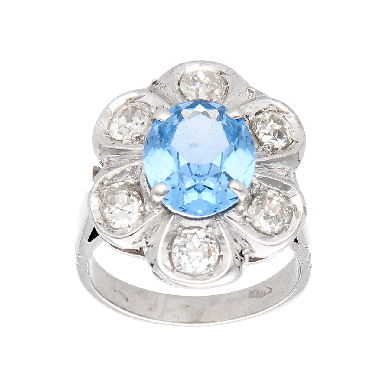 Weißgold Blume Ring mit blauem Topaz und Diamanten 2,4 ct. VVS2/G