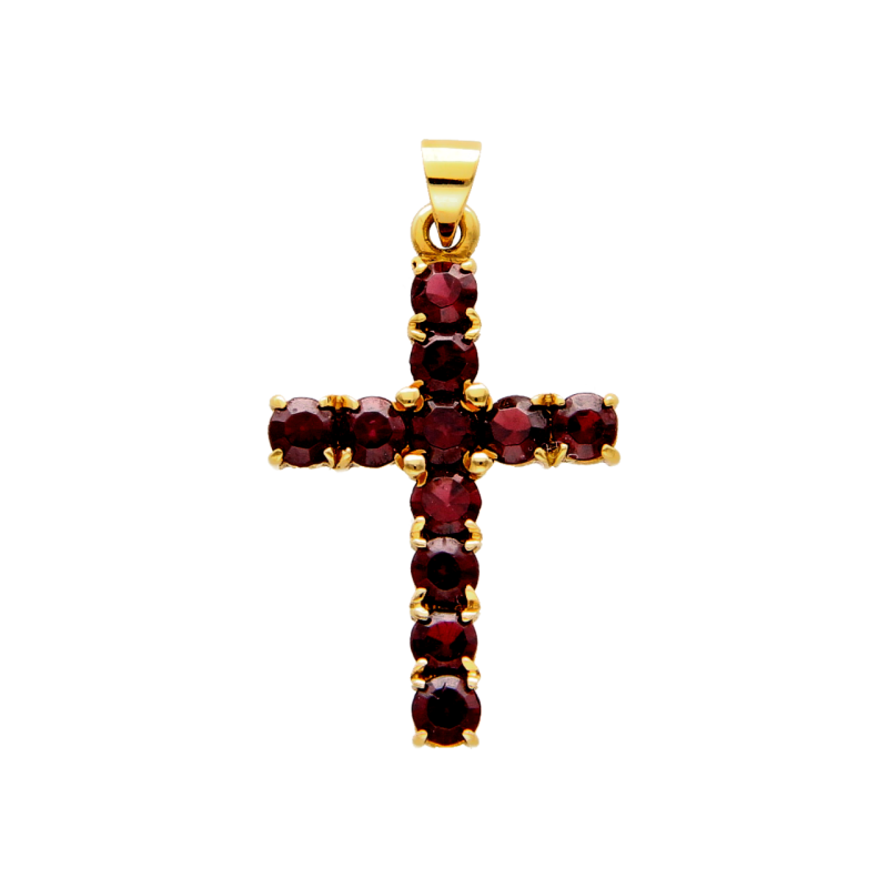 Yellow gold cross pendant with garnets