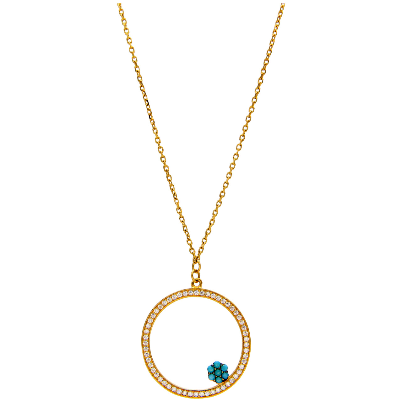 Yellow gold necklace with pendant with zircons and turquoise