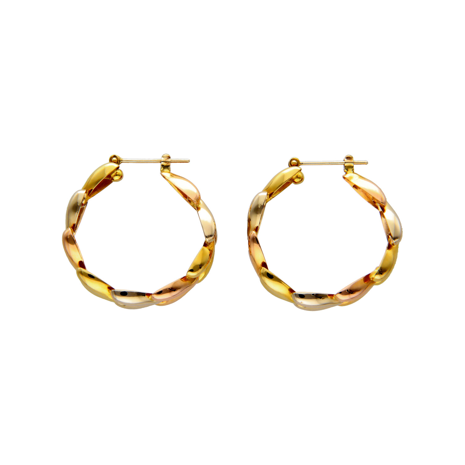 Rose, yellow, and white gold circle earrings with hearts
