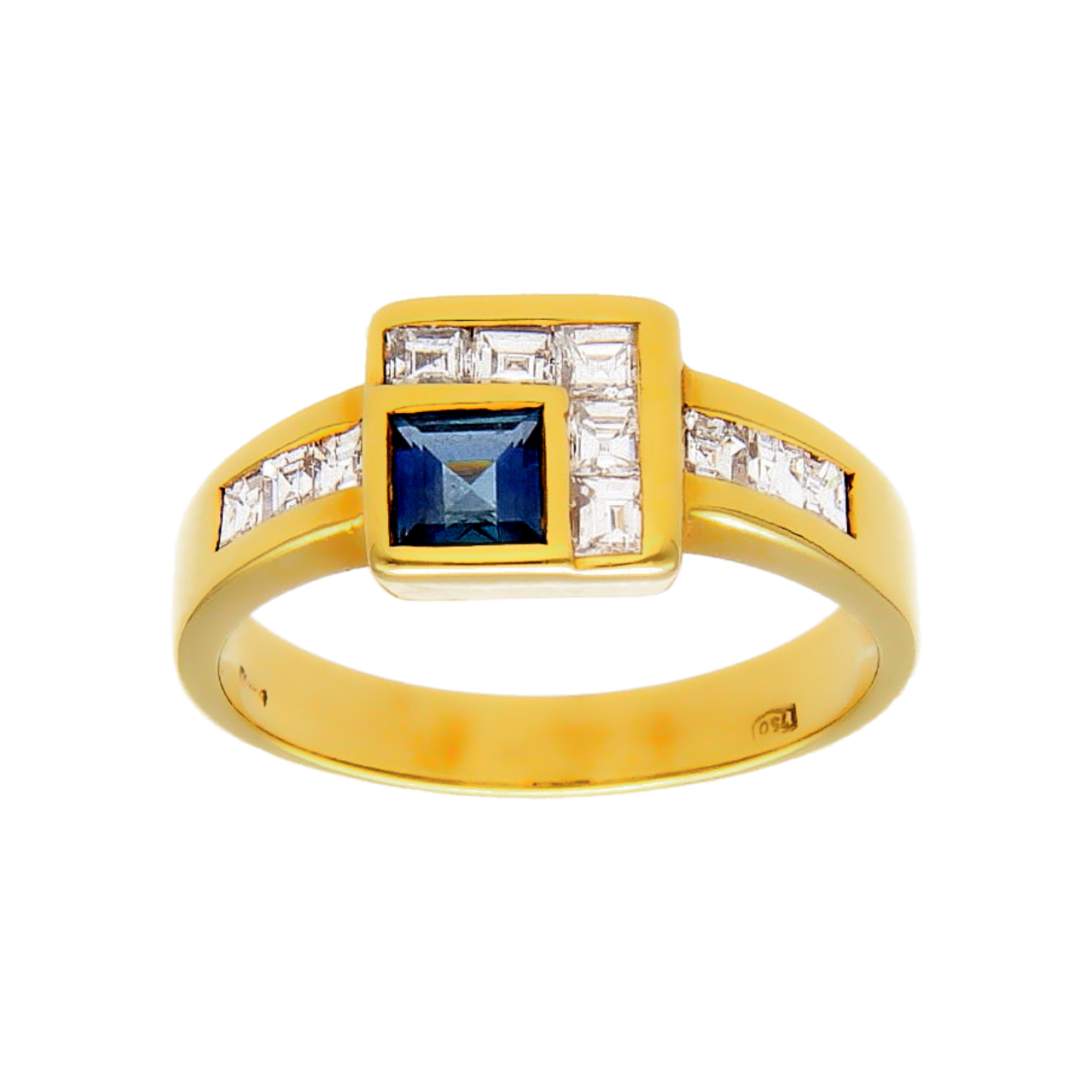 Yellow gold ring with sapphire and square diamonds