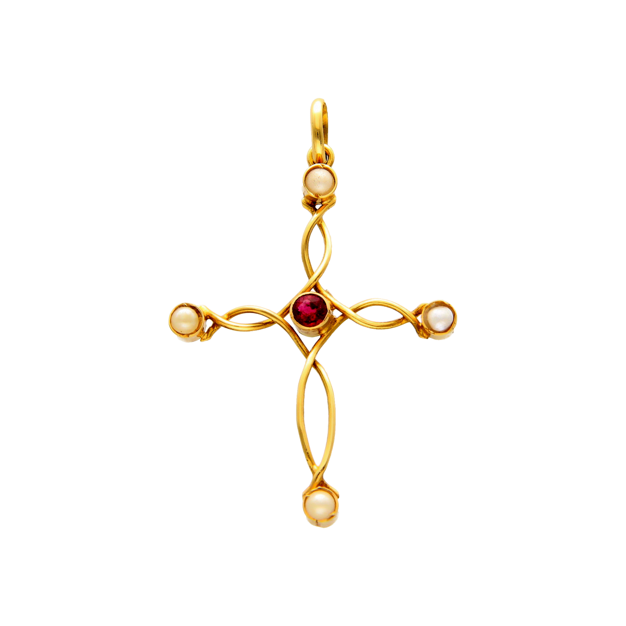 Yellow gold cross with garnets and pearls