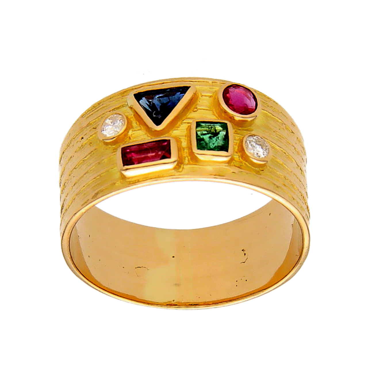 Anello fascia oro giallo con pietre dure e diamanti