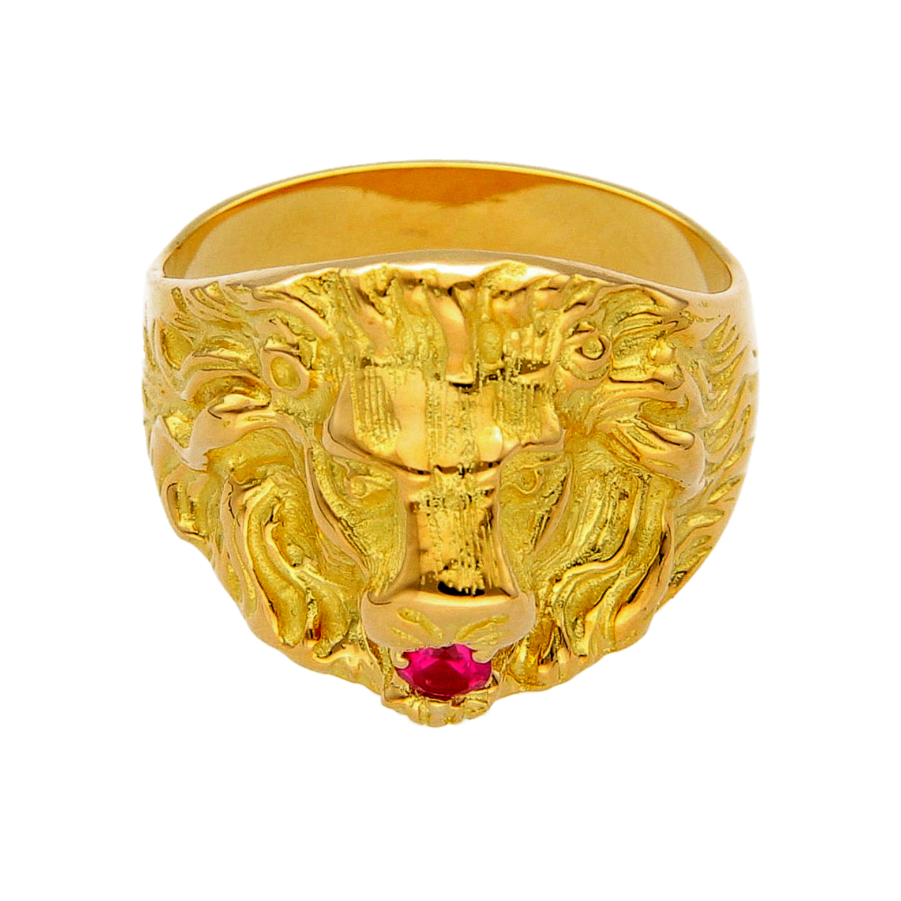 Lion yellow gold ring with ruby