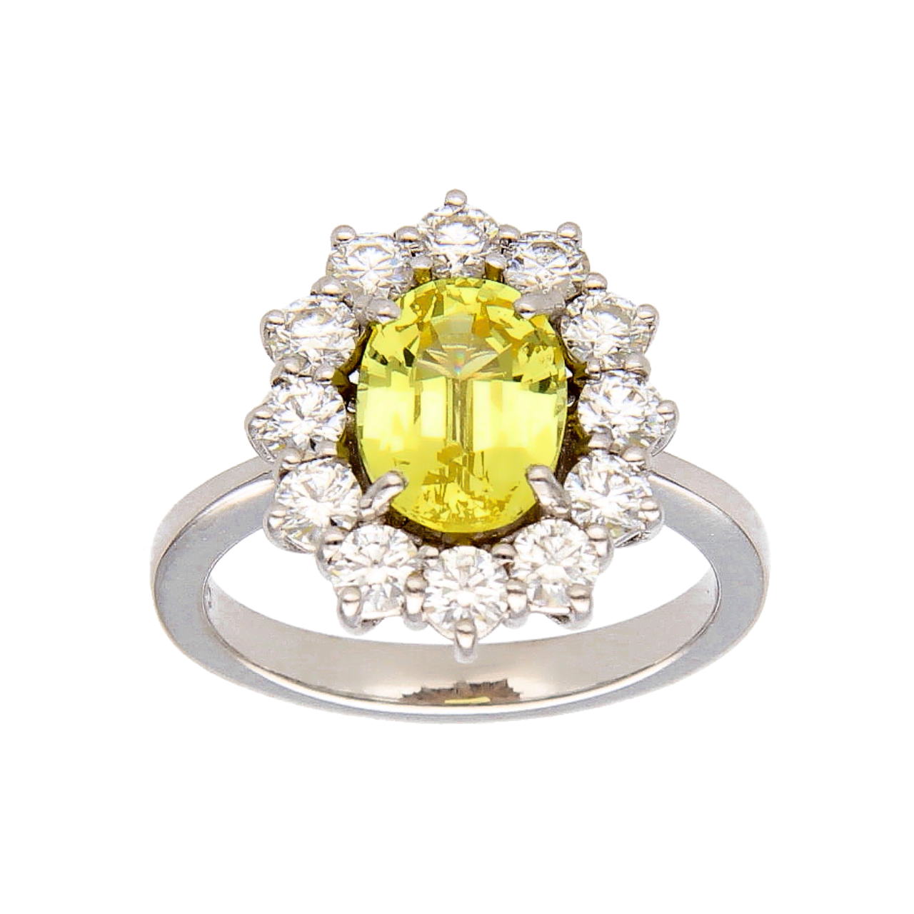Anello oro bianco con Zaffiro Giallo 1,5 ct e Diamanti 1,20 ct Color G Purezza VVSI