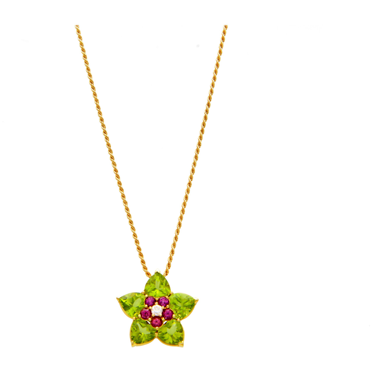 Abate Gelbgold Blumen Halskette mit 0,12 ct. Diamanten und Steinen
