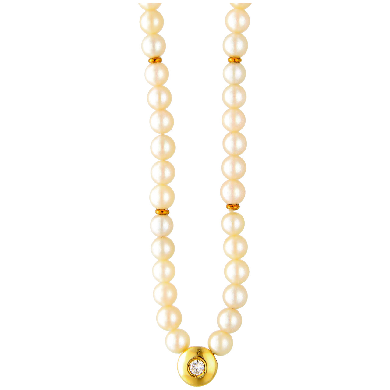 Yellow gold pearl necklace with 0.10 ct. diamond G/VSI