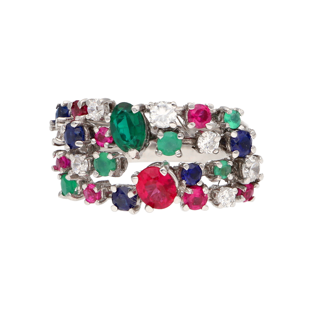 Anello vintage in oro bianco con zirconi e pietre colorate_1