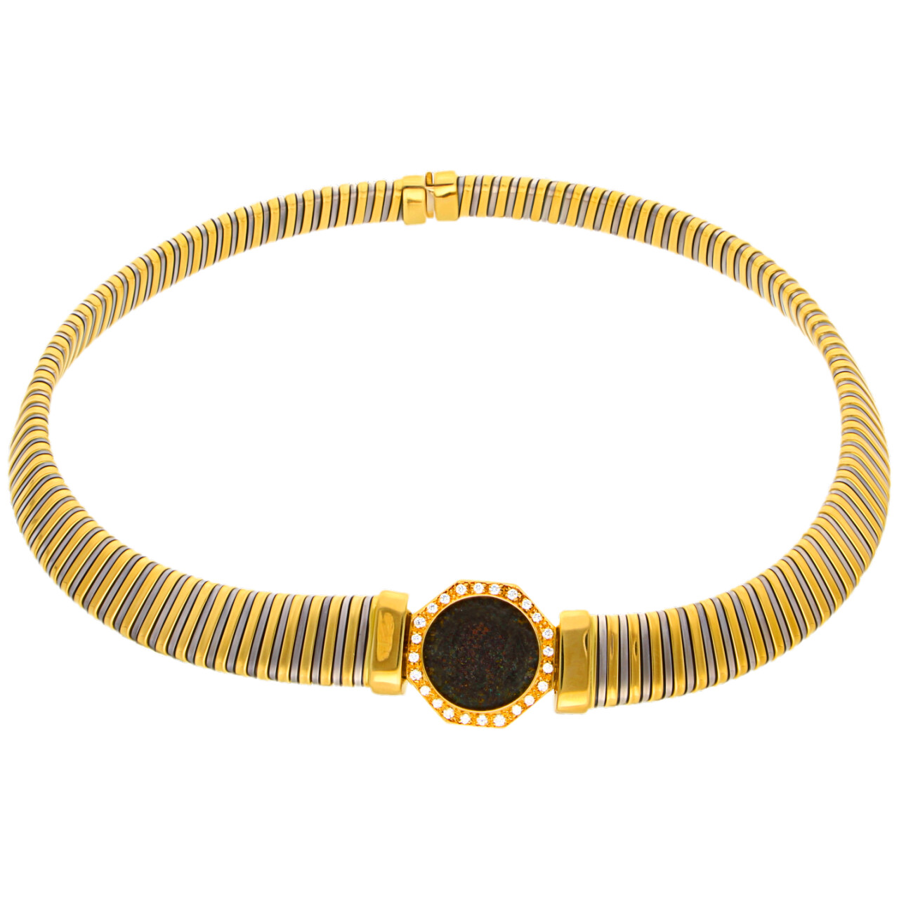 Halbstarrer Collier aus Gelbgold mit antiker Münze und Diamantbesatz
