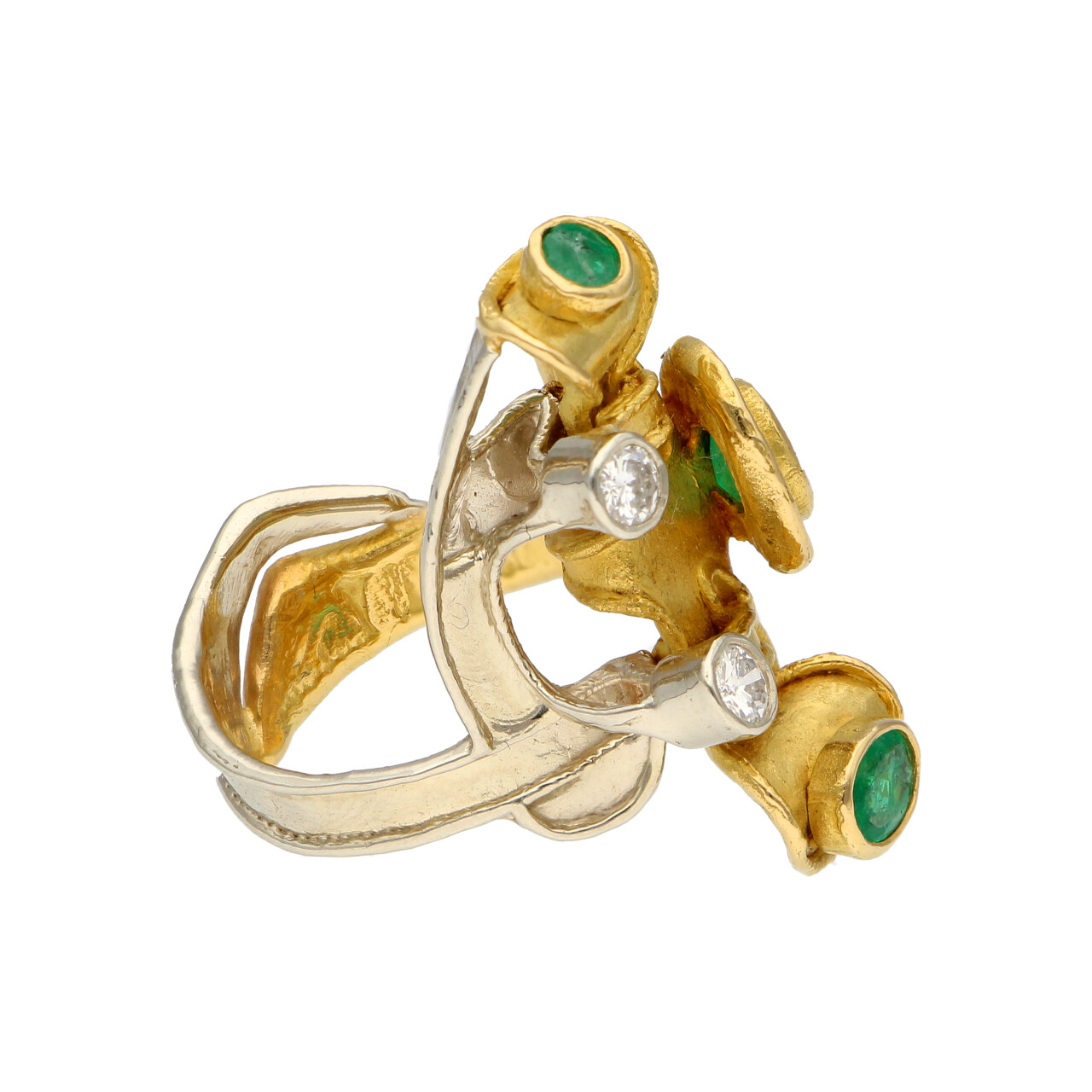 Anello artigianale due ori con diamanti e smeraldi_4