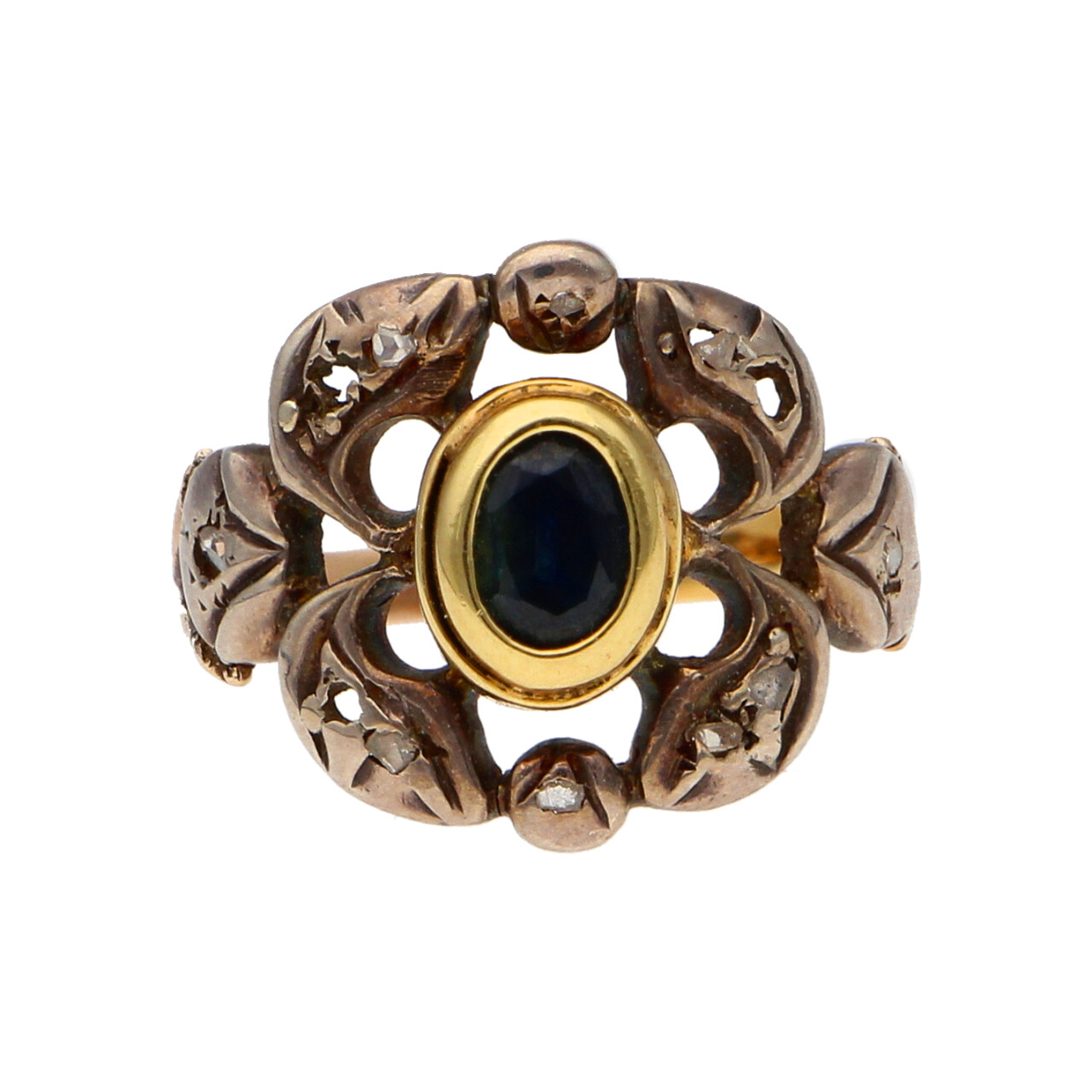 Anello vintage oro giallo e argento con zaffiro centrale_1