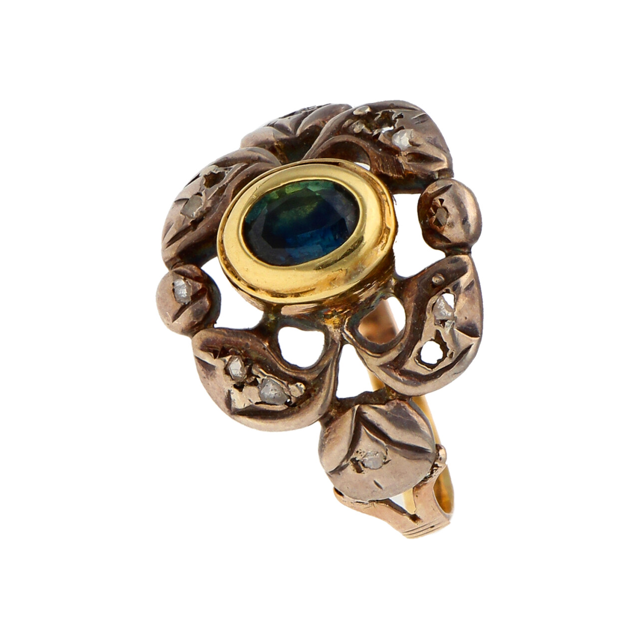 Anello vintage oro giallo e argento con zaffiro centrale_2