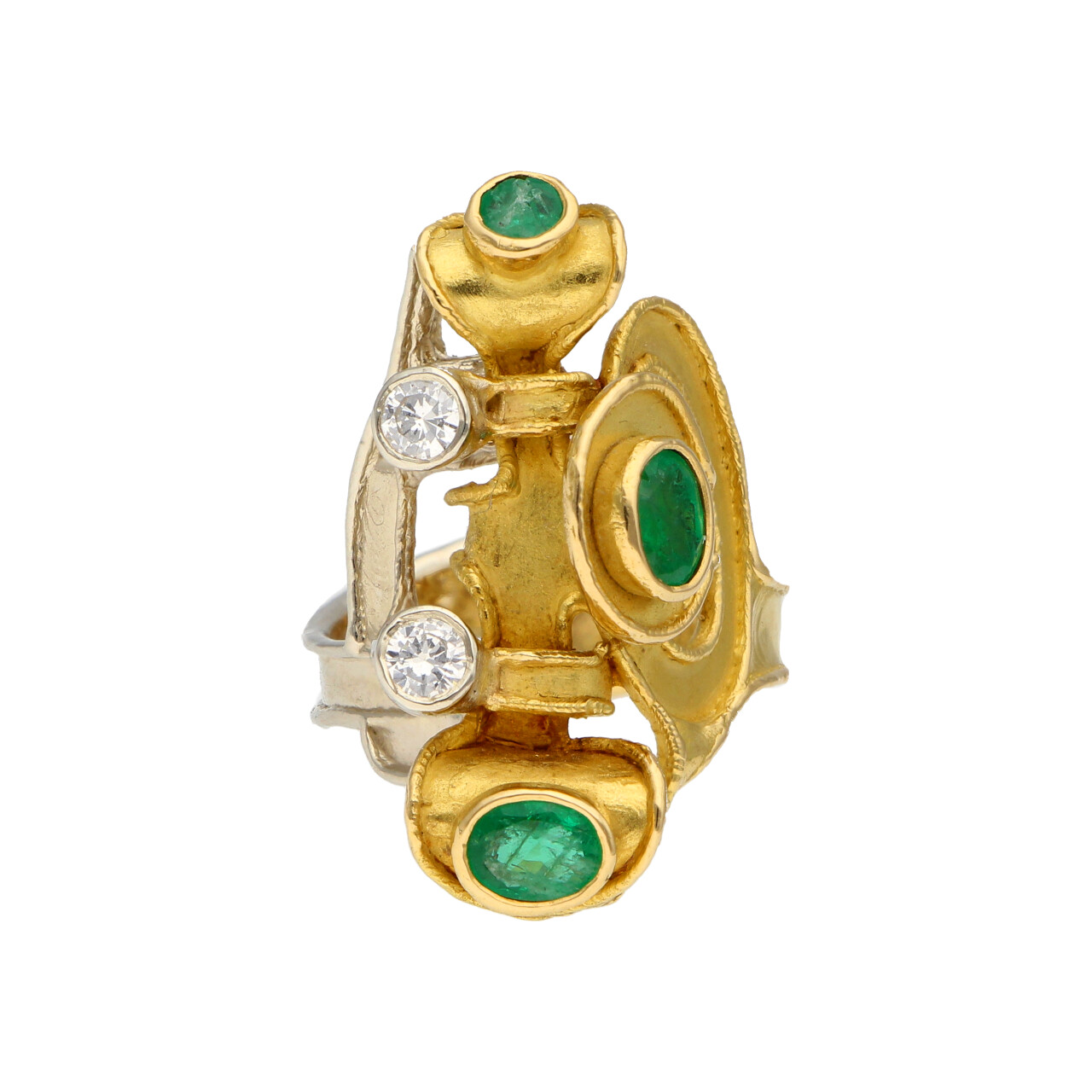 Anello artigianale due ori con diamanti e smeraldi