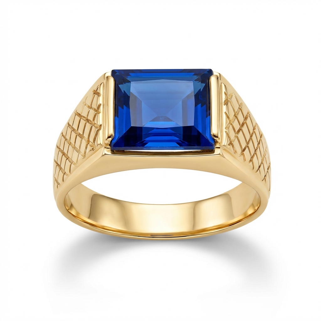 Herrenring aus 18 Karat Roségold mit rechteckigem blauen Stein