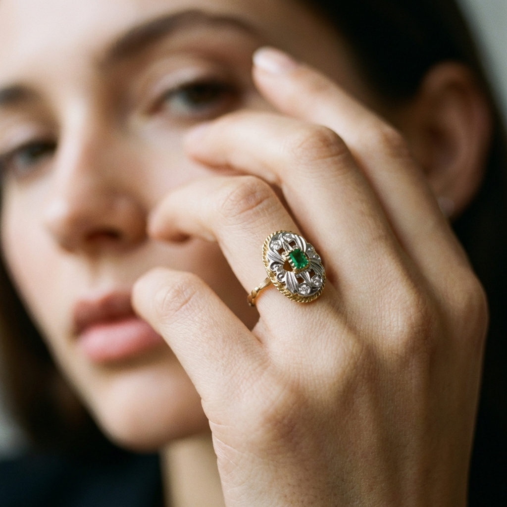 Anello antico oro giallo e argento con moissanite_4