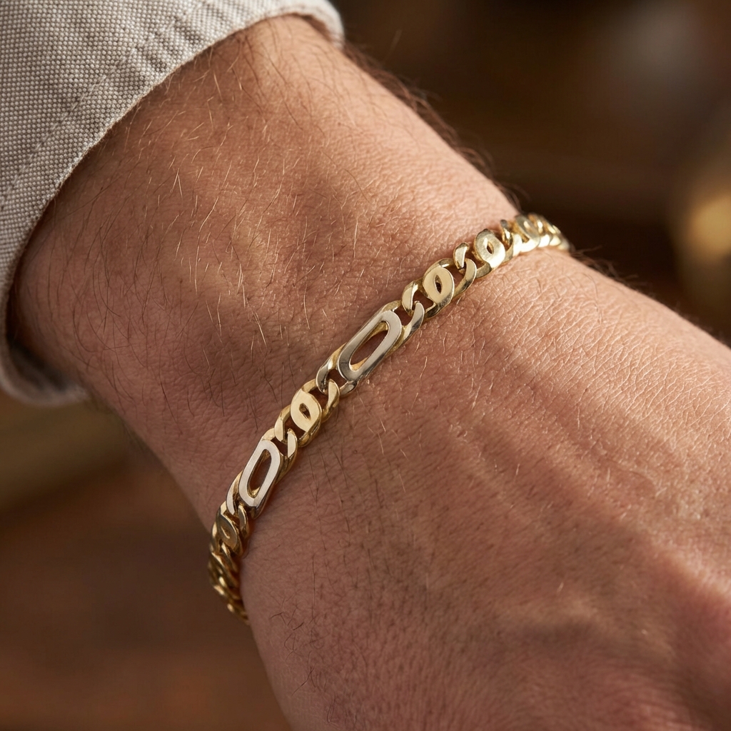 Bracciale in oro giallo e bianco maglia occhio di pernice_3