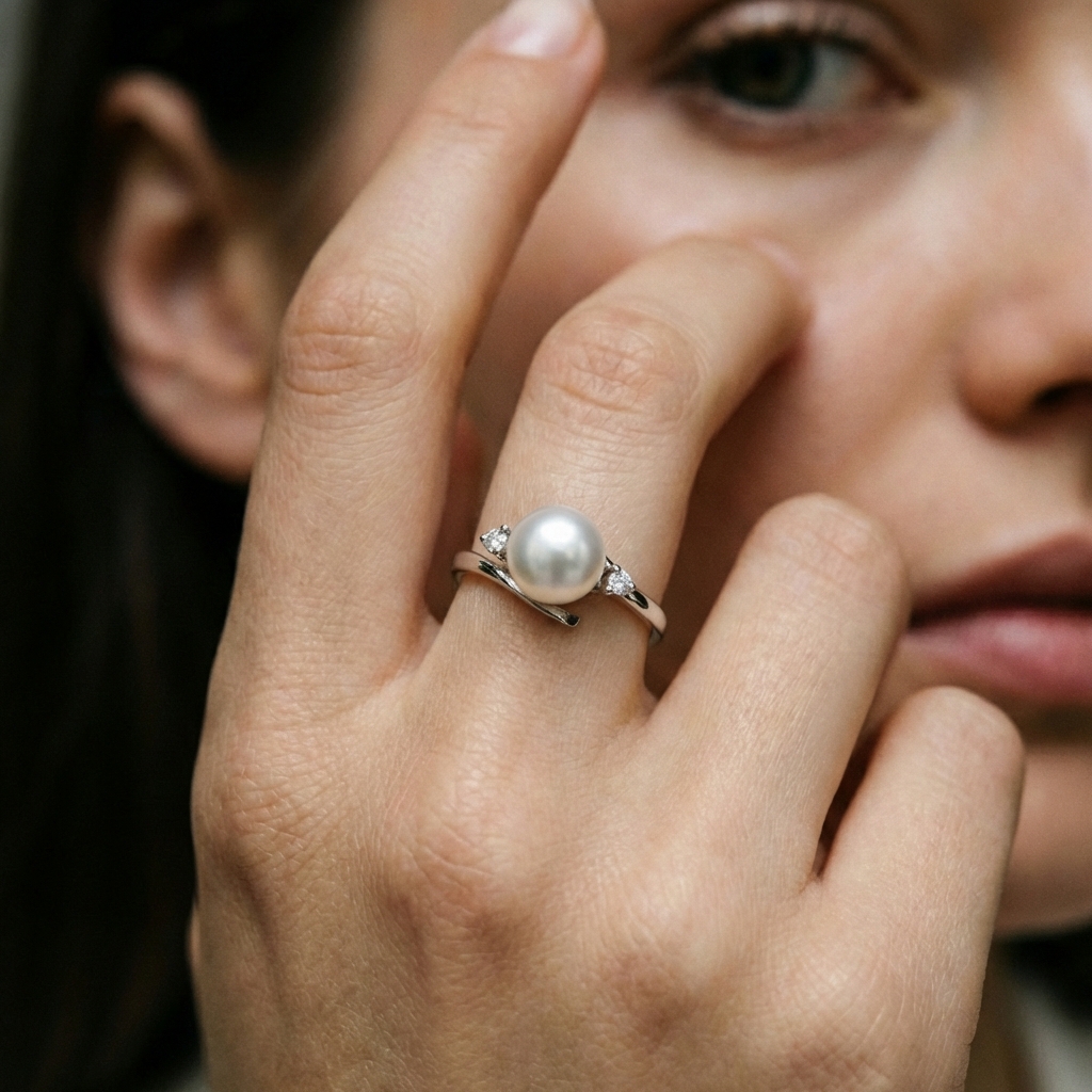 Anello in oro bianco con perla e diamanti_4