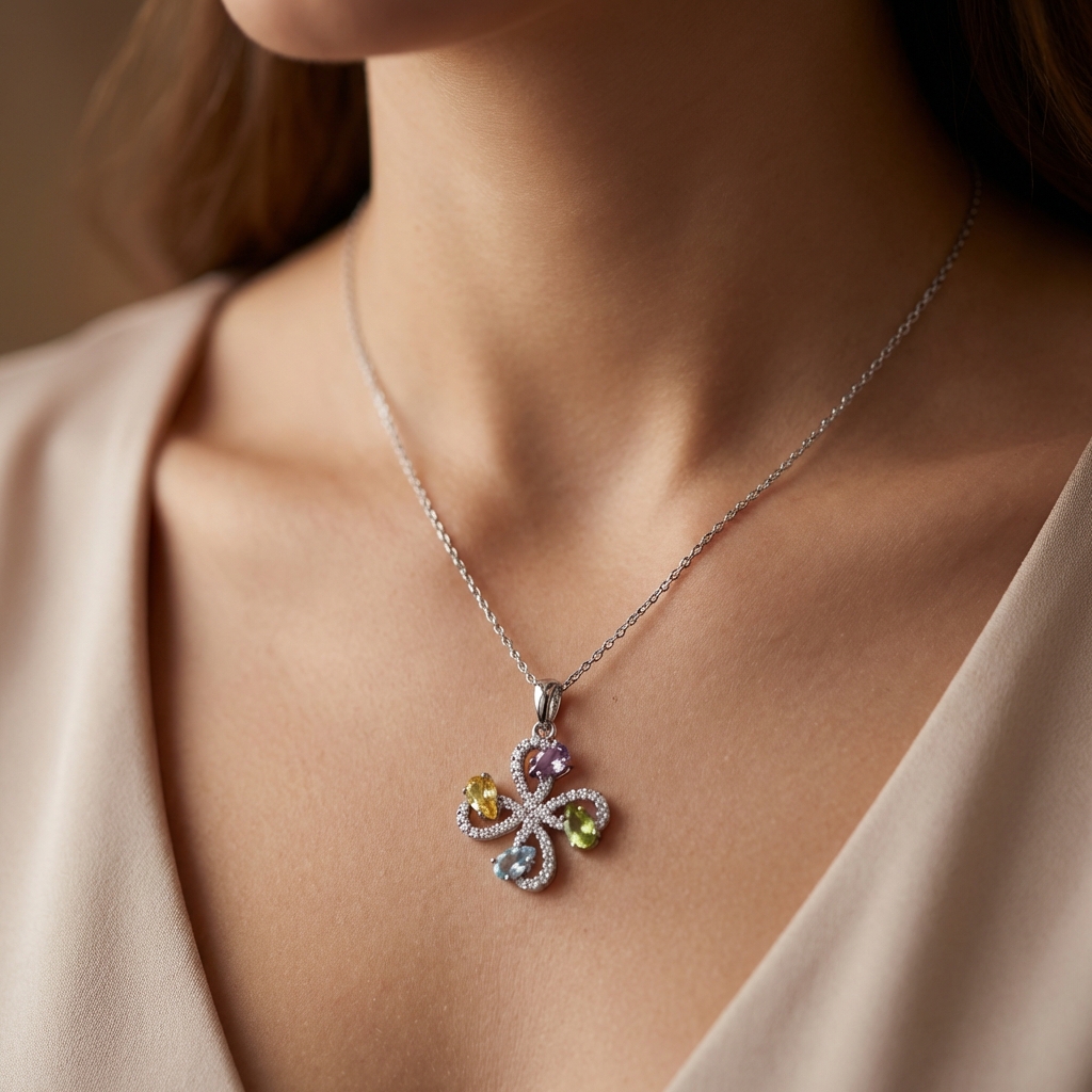 Ciondolo in oro bianco con zirconi e quarzi colorati_4