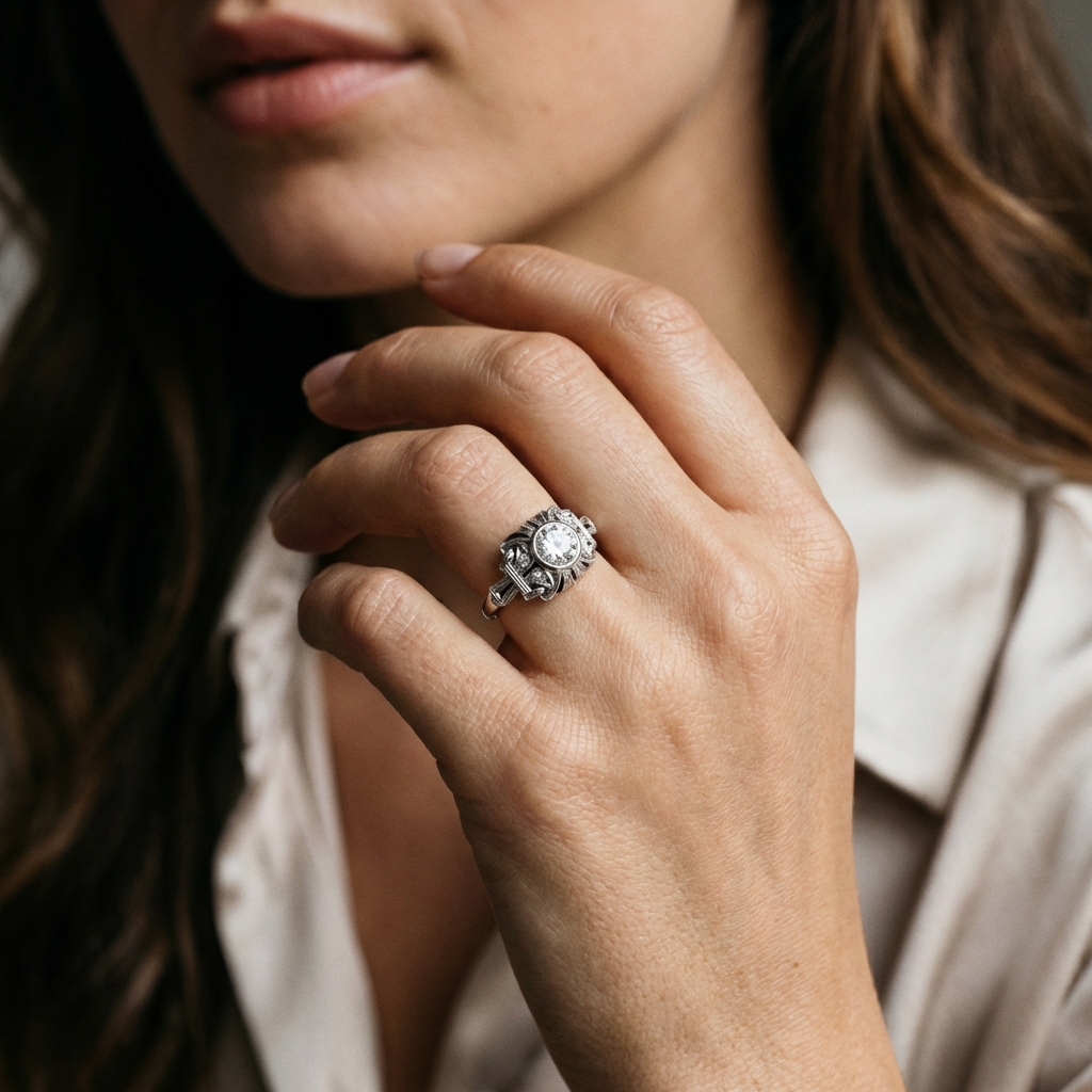 Anello stile antico oro bianco con diamanti_4