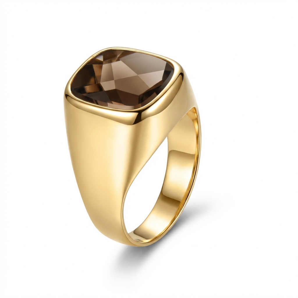 Anello uomo in oro giallo con quarzo fumè_2