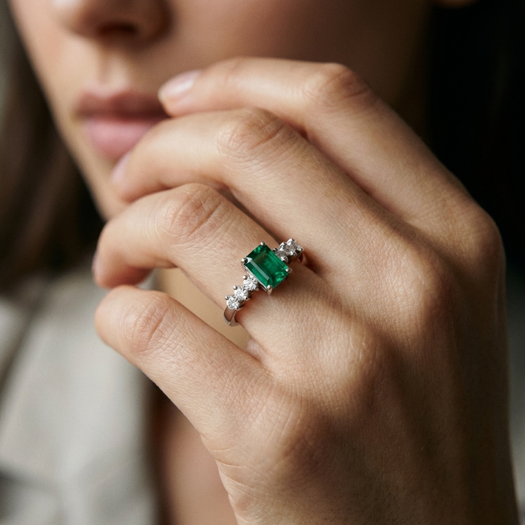 Anello oro bianco con smeraldo e diamanti_4