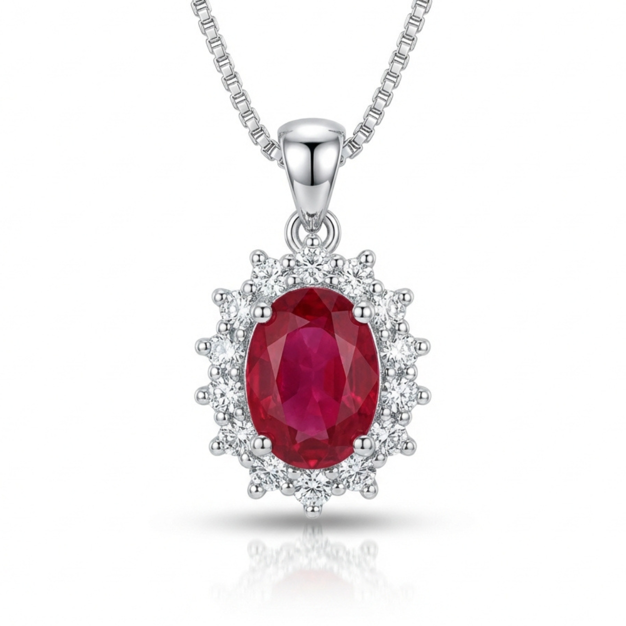 Collana in oro bianco con diamanti e rubino centrale_2