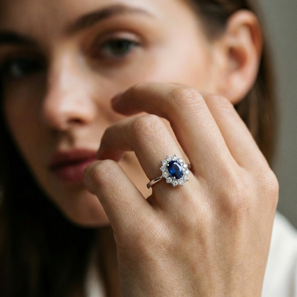 Anello in oro bianco con zaffiro blu e diamanti_4