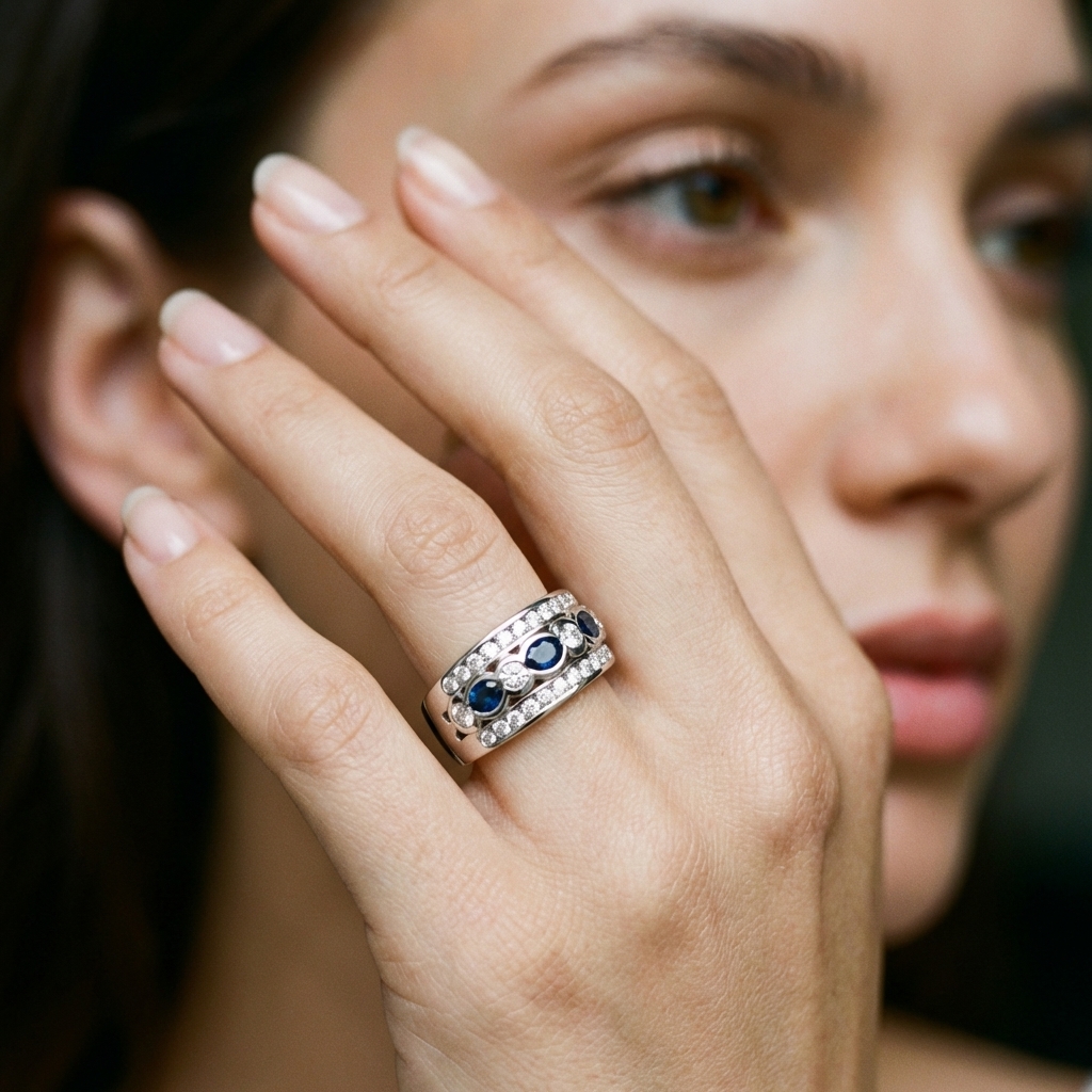 Anello in oro bianco con zaffiri blu e diamanti_4