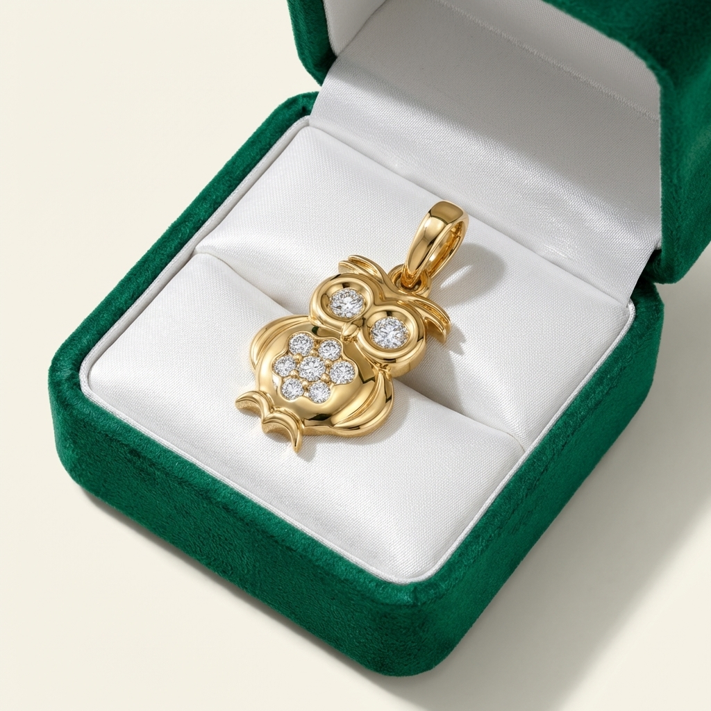 Ciondolo gufo in oro giallo con zirconi._3